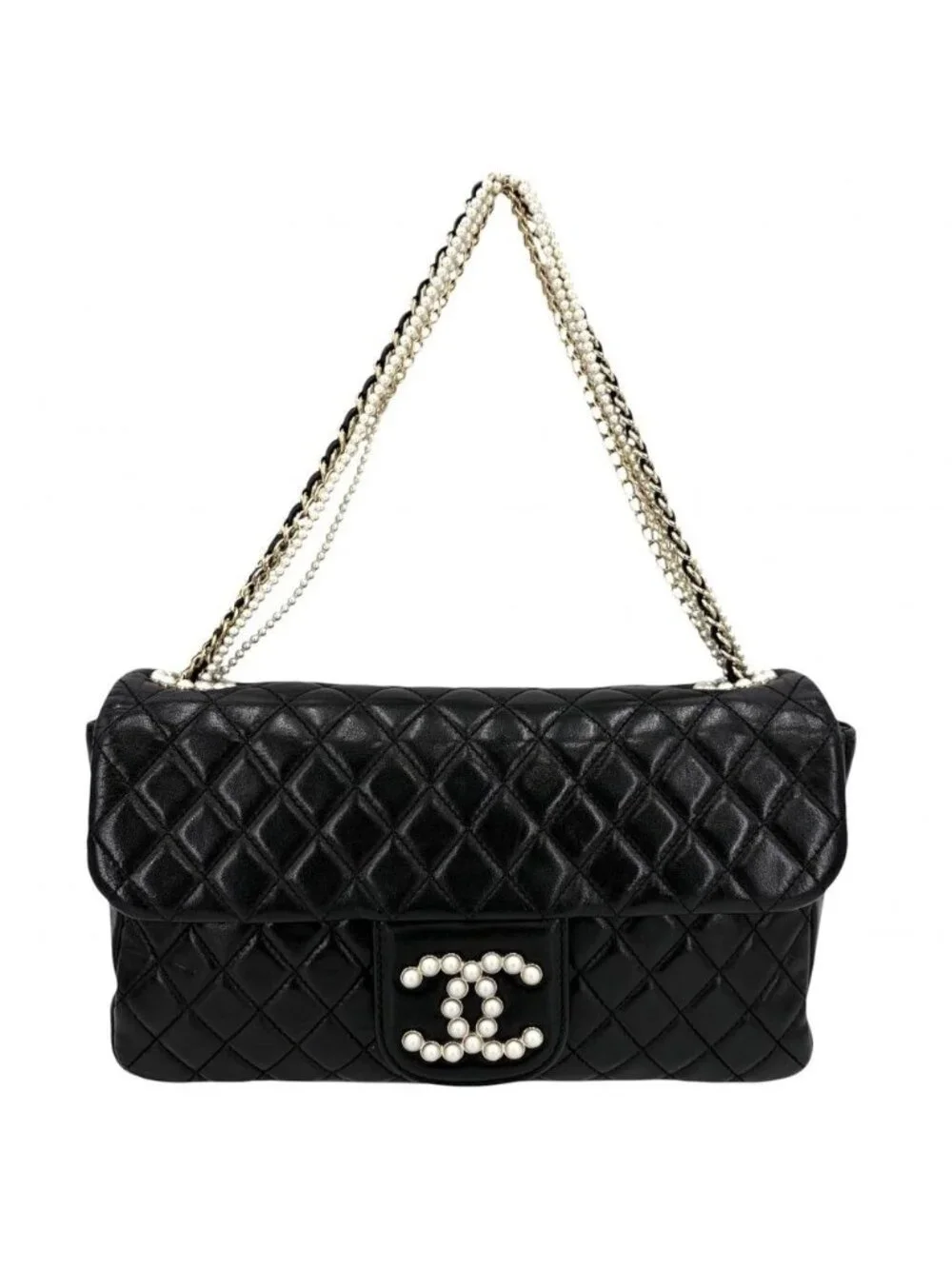 Chanel Shoulder Bag Quilted Westminster Chain Leather Faux Pearl Black Gold